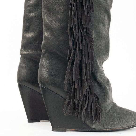Isabel Marant Manly Anthracite Leather & Suede Fringe Knee-High Wedge Boots - Picture 7 of 9